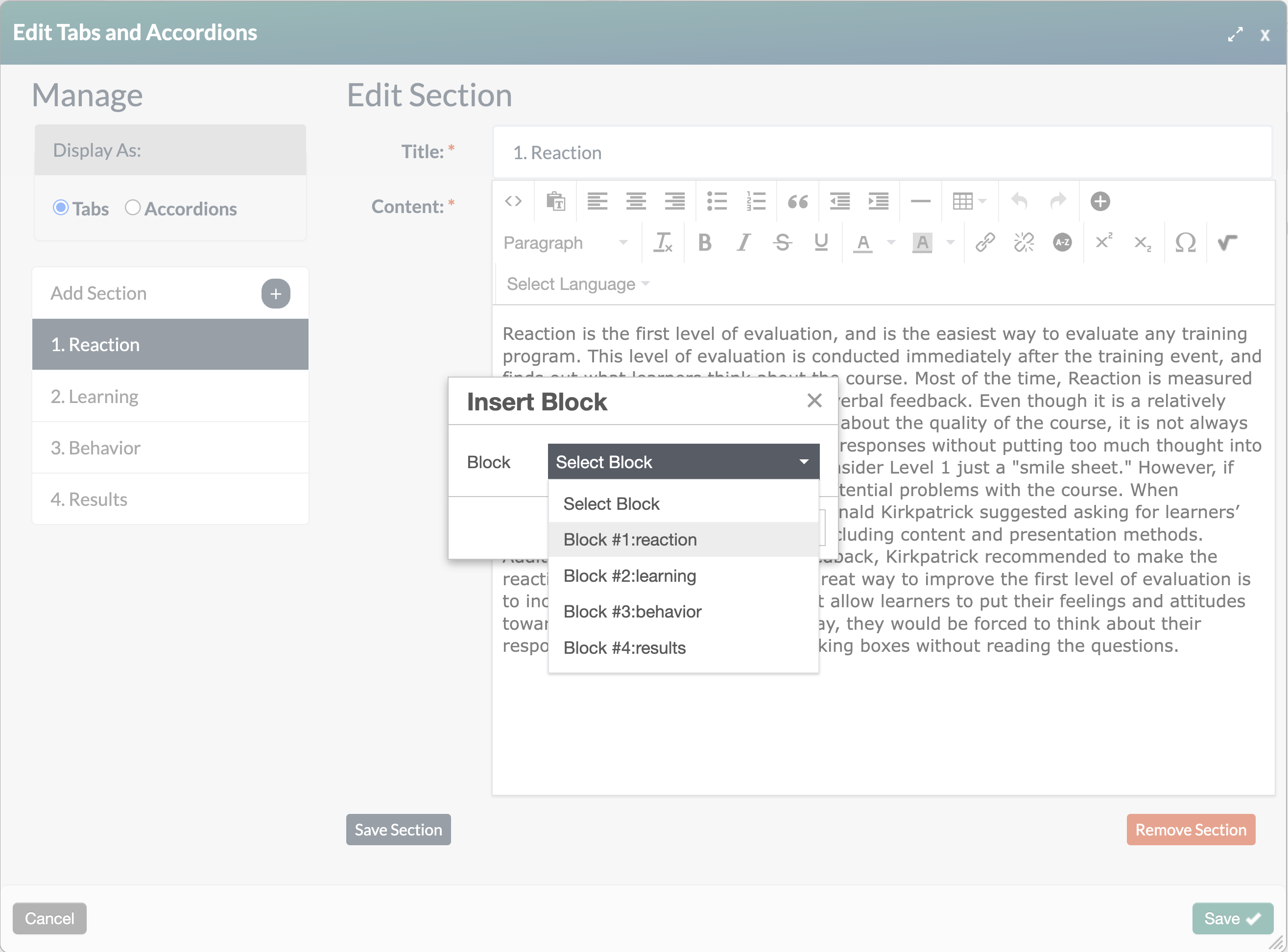 modal showing the insert block dropdown menu. 