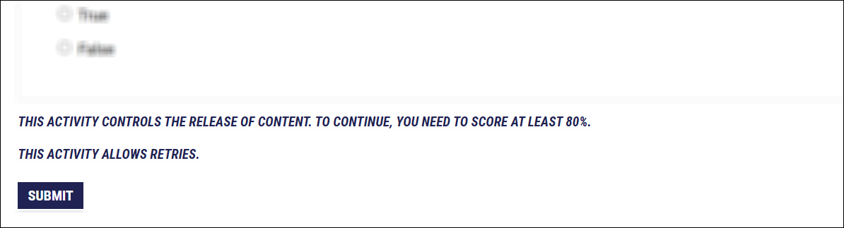 Alert in the module lets students know the minimum score they must make before they can advance.