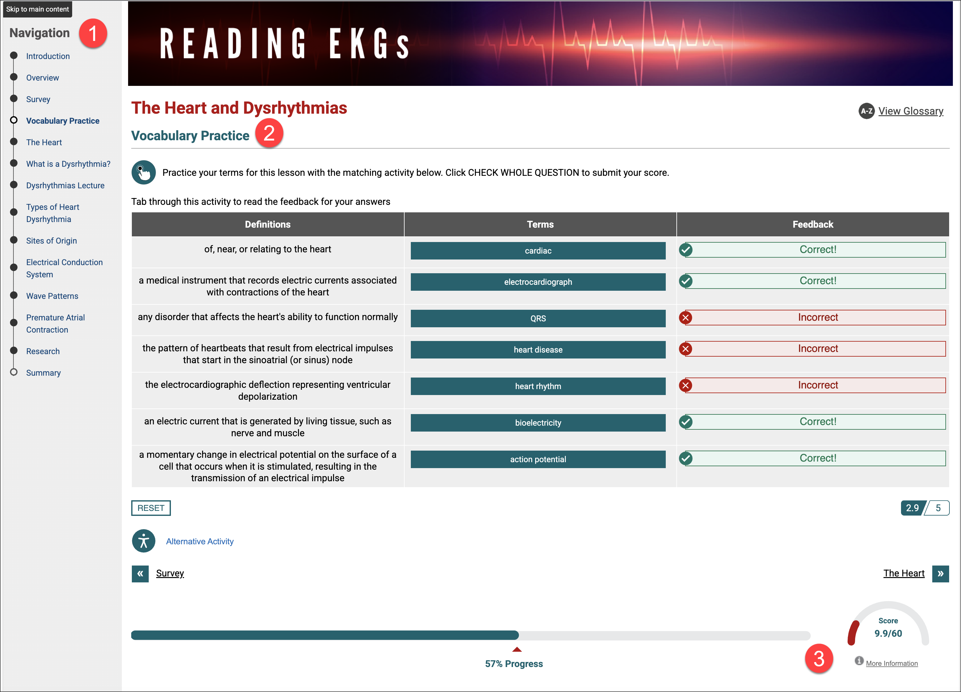 screenshot of student page with circles filled in in the left navigation and a progress bar and score at the bottom of the page