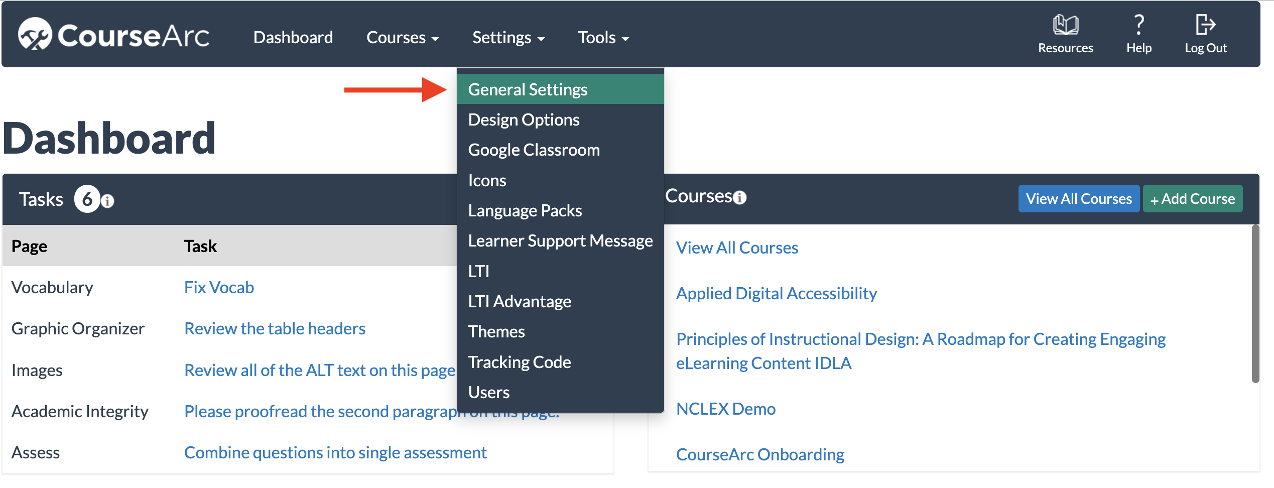 screenshot of the Settings dropdown menu with general settings highlighted