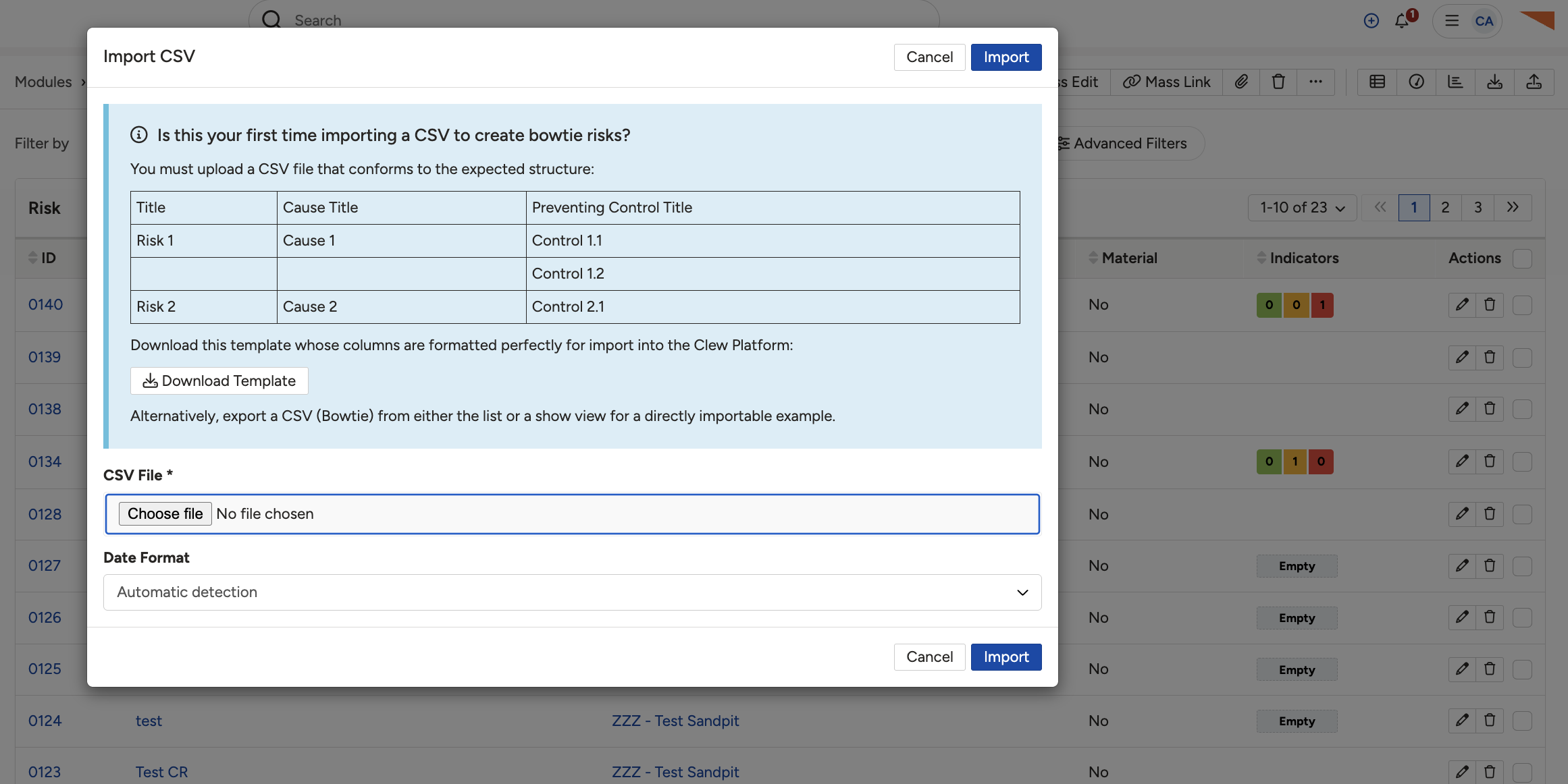 The import menu showing the Download Template option.