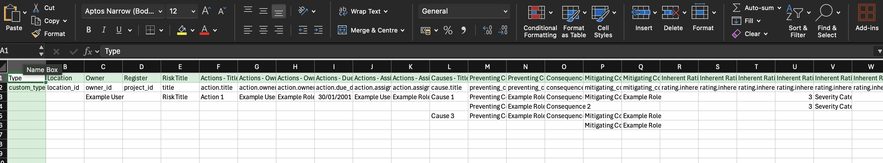 The downloaded template open in a spreadsheet, showing the label row, the mapping row, and the first data row.