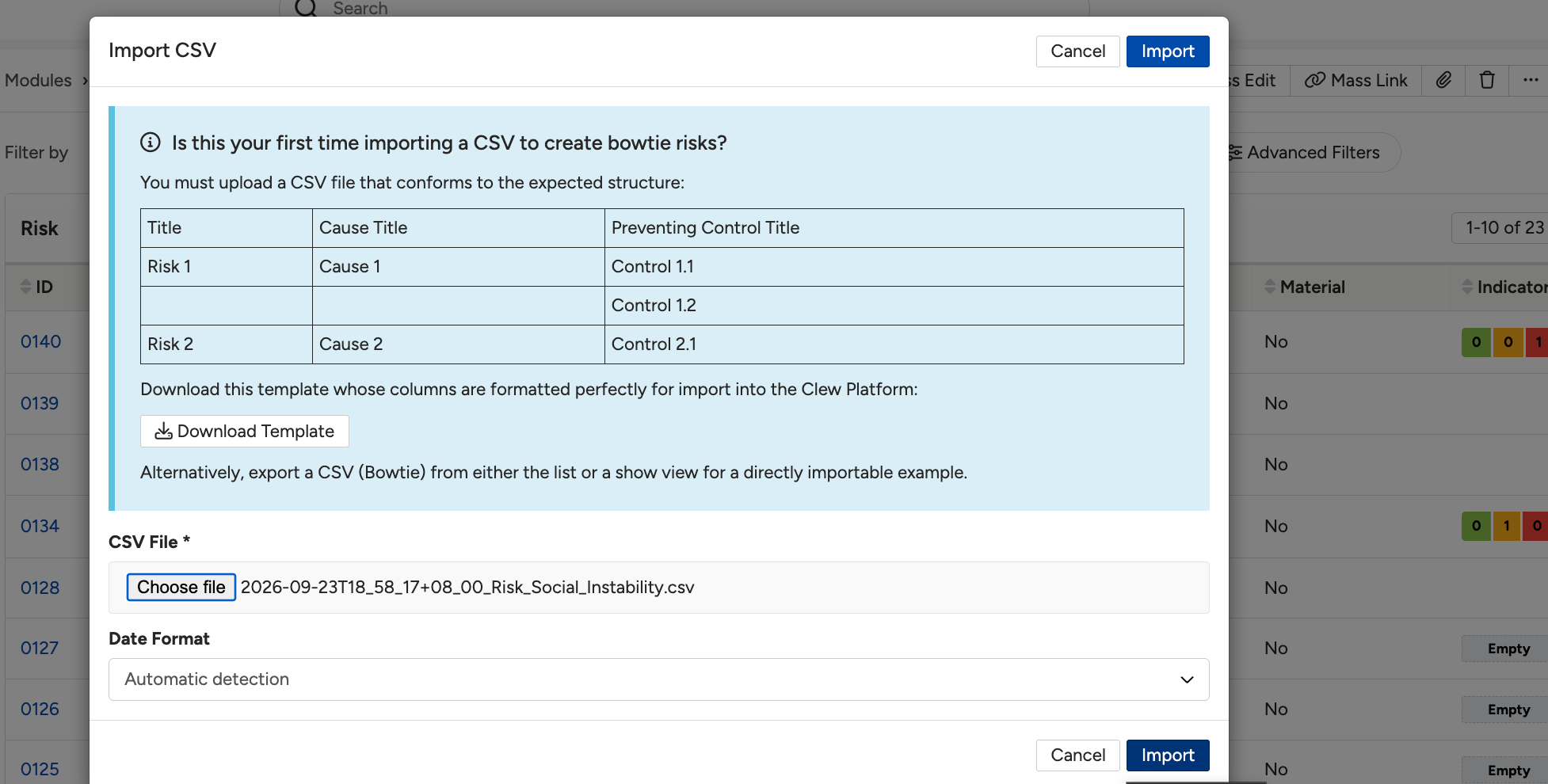 A completed import listing the risks that were created, with a link back to the risk list view.