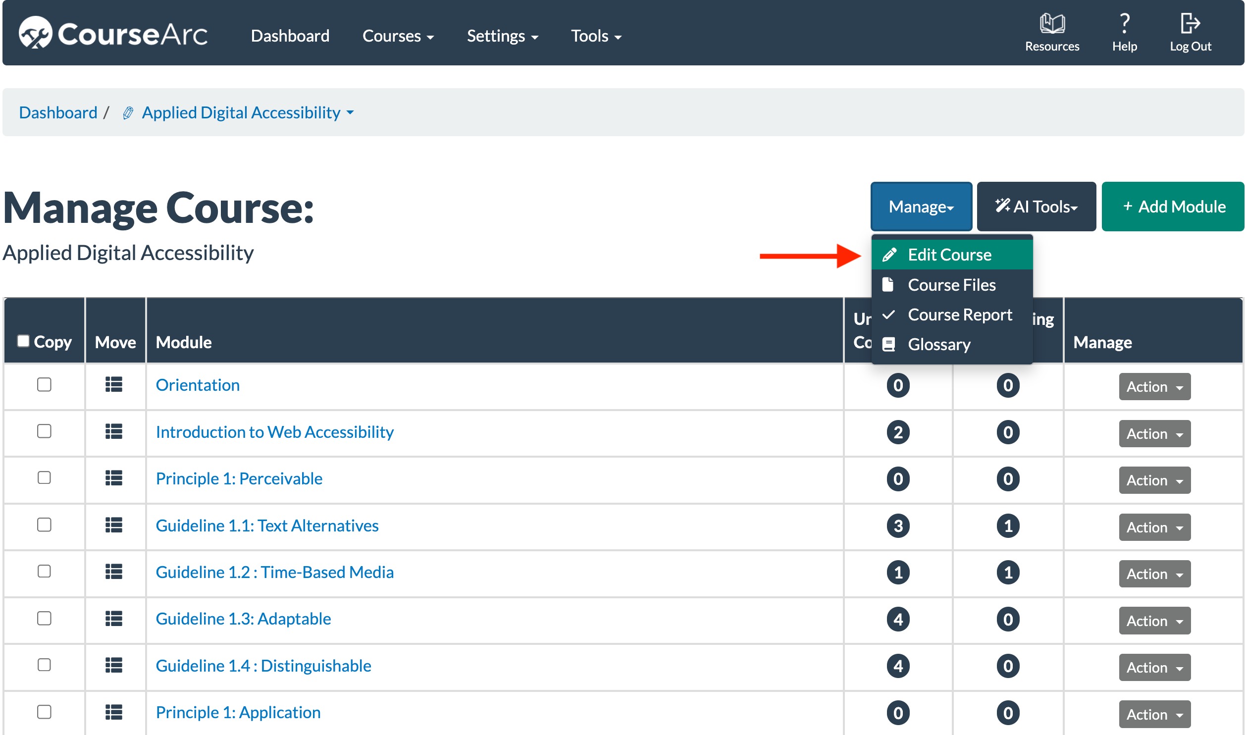 screenshot of the Manage dropdown menu with Edit Course selected