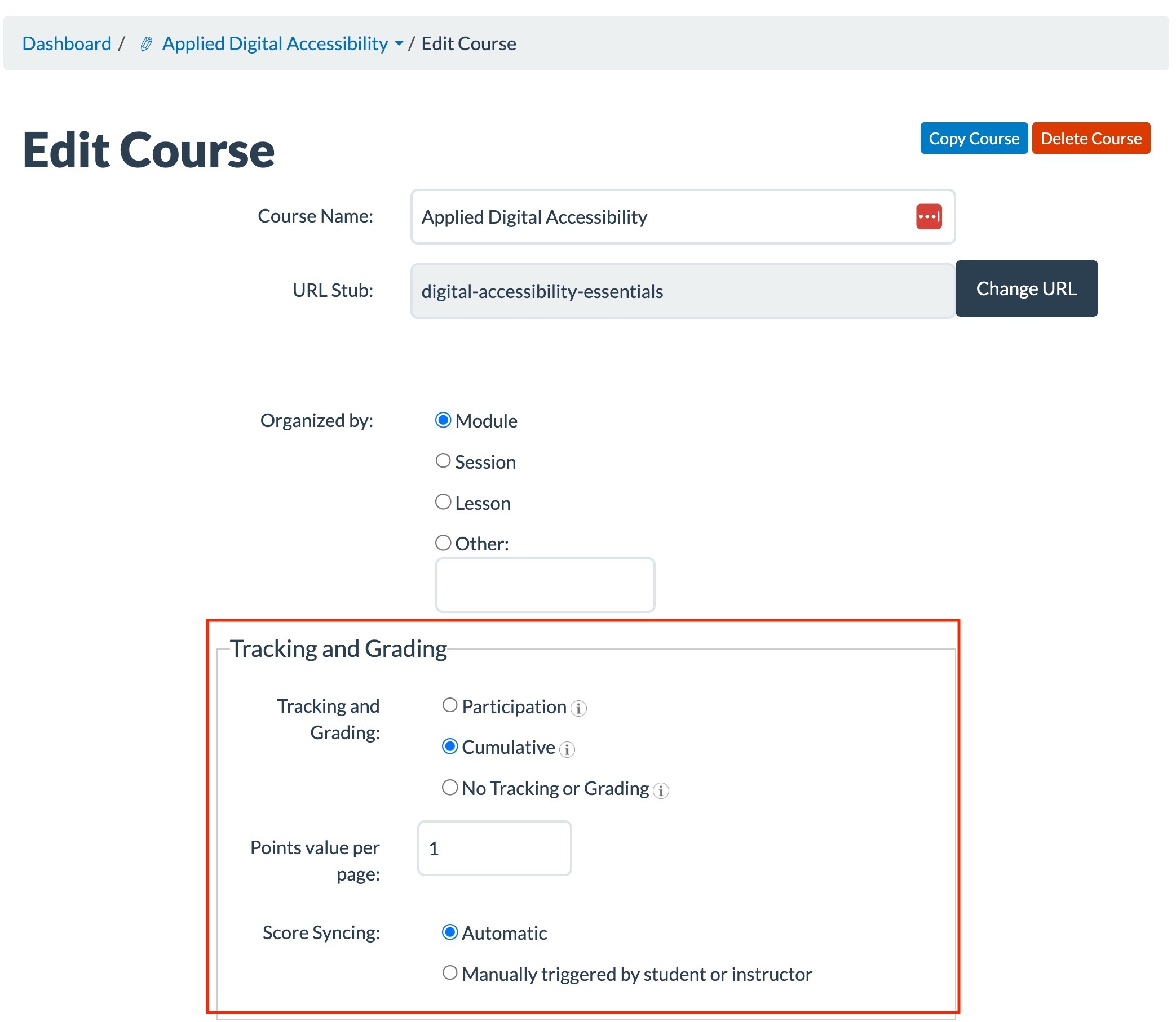 screenshot of edit course with tracking and grading section highlighted