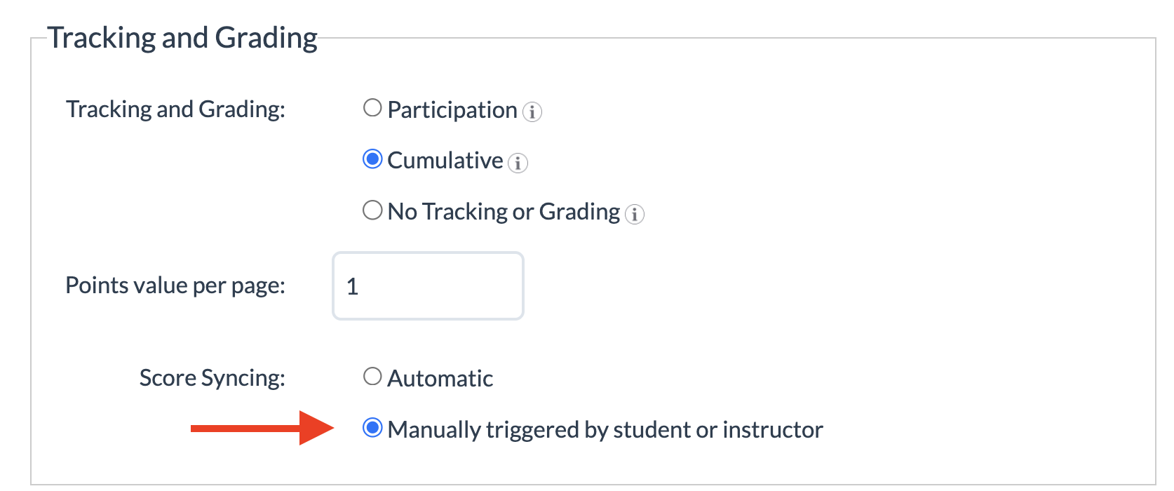 screenshot of a cumulative course - set to manual score syncing