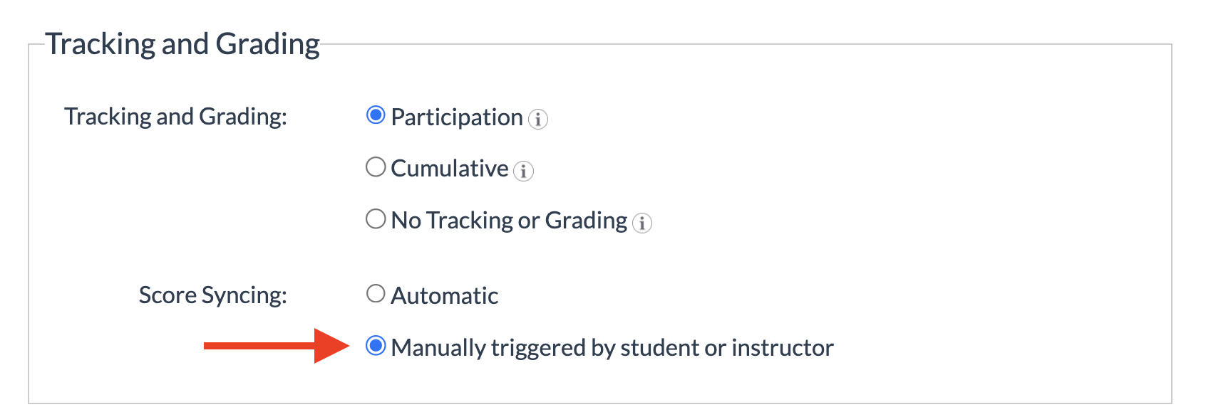 screenshot of a participation course - set to manual score syncing