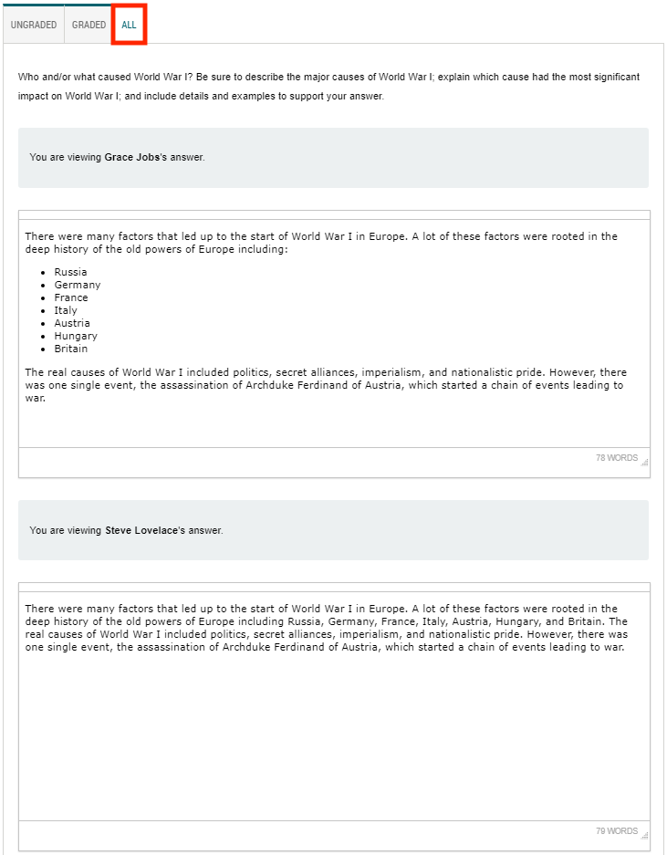 instructor view of the All tab showing all student responses