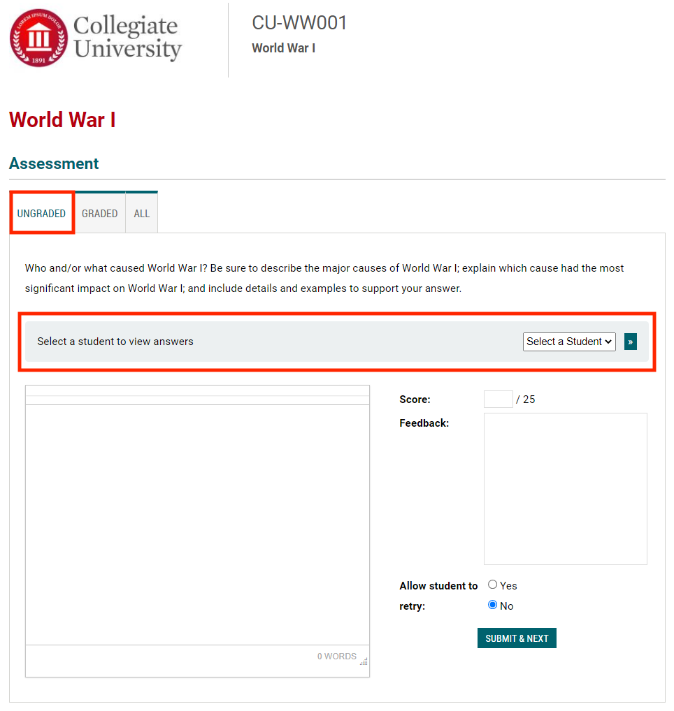 Instructor view of a writing block with the ungraded tab showing and select a student highighted