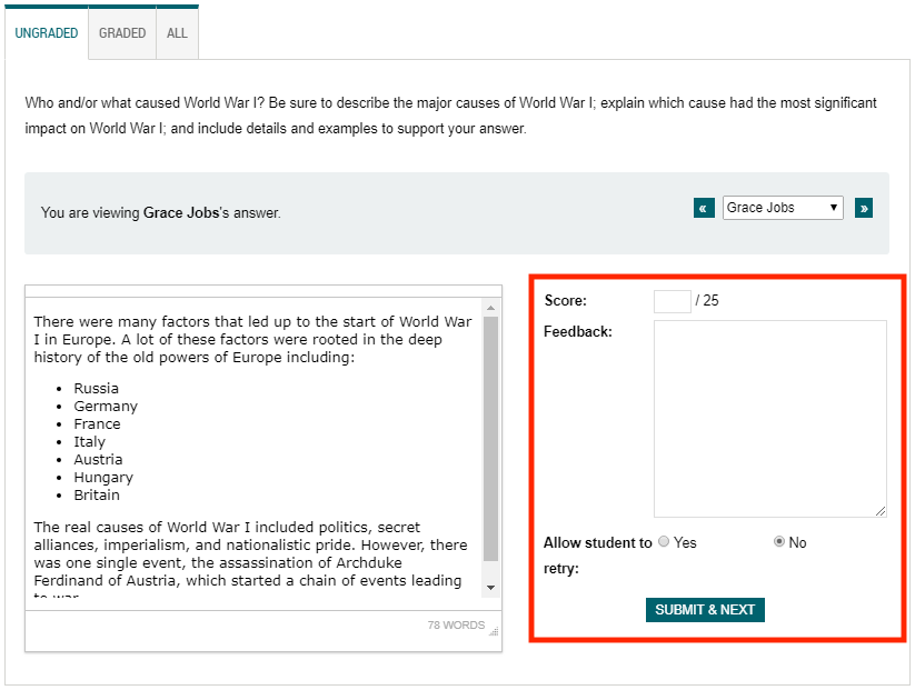 instructor view of a writing block with the ungraded tab showing the score section highlighted
