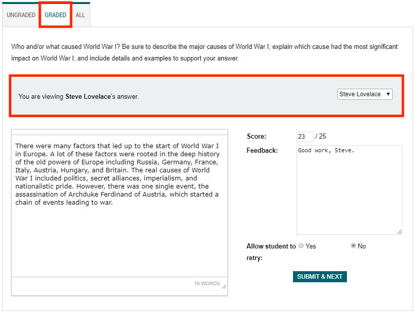 instructor view of the writing block with a student graded answer highlighted