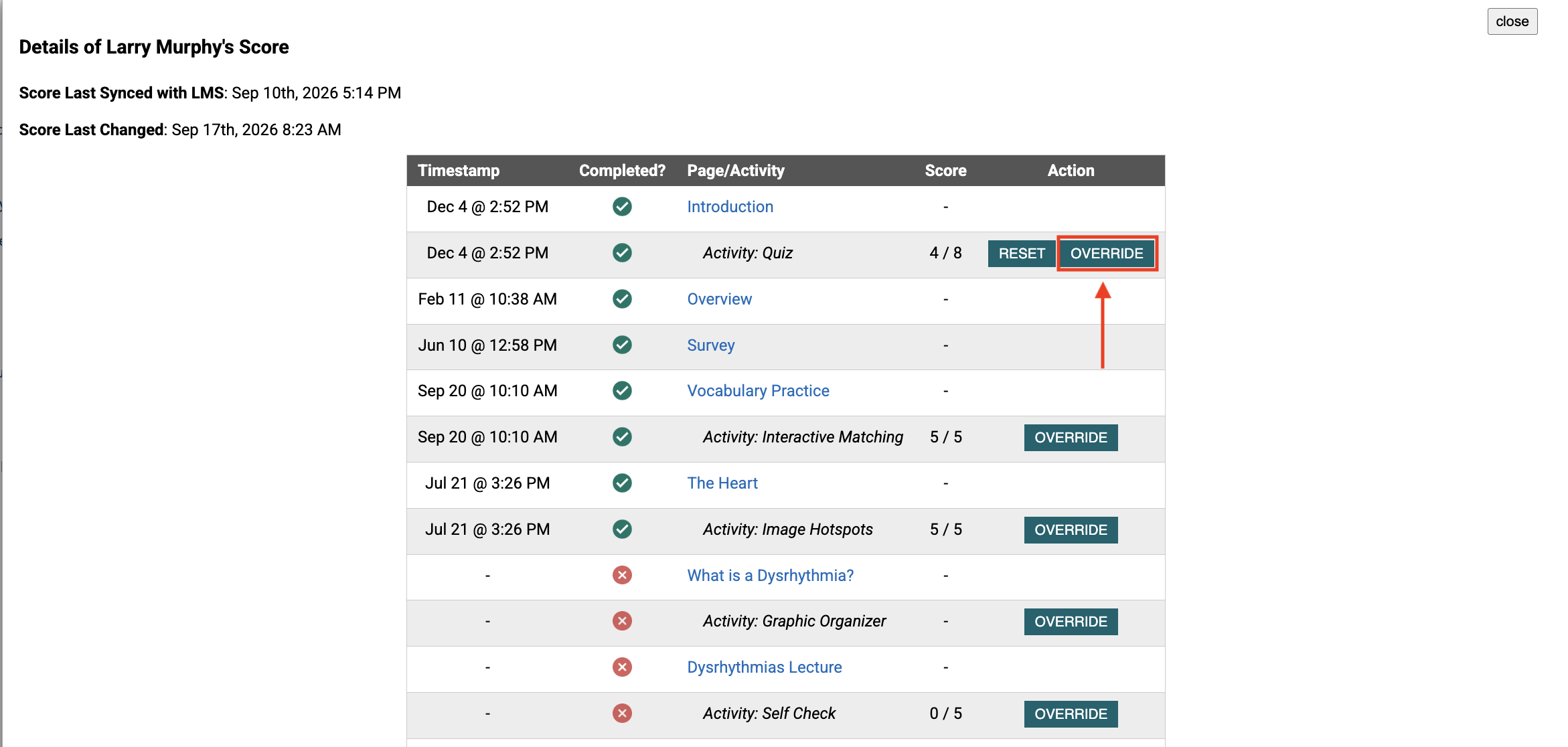 screenshot of a override button highlighted