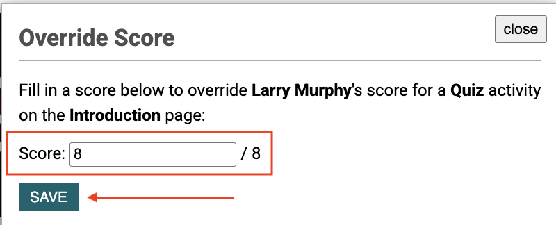 screenshot of the override score dialog box