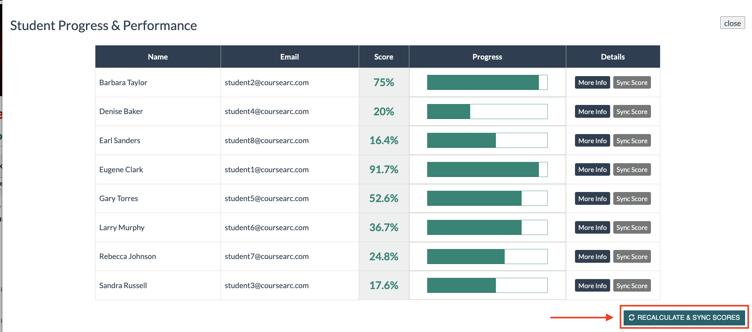 screenshot of Recalculate and Sync Scores for All Highlighted
