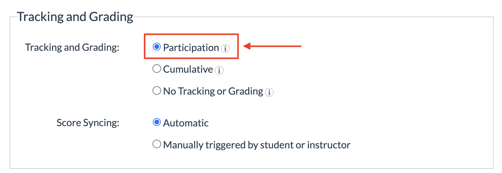 tracking and grading set to participation with no points showing