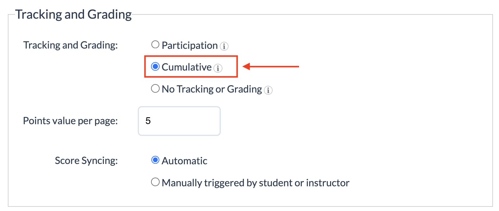 tracking and grading set to cumulative with 1 point per page