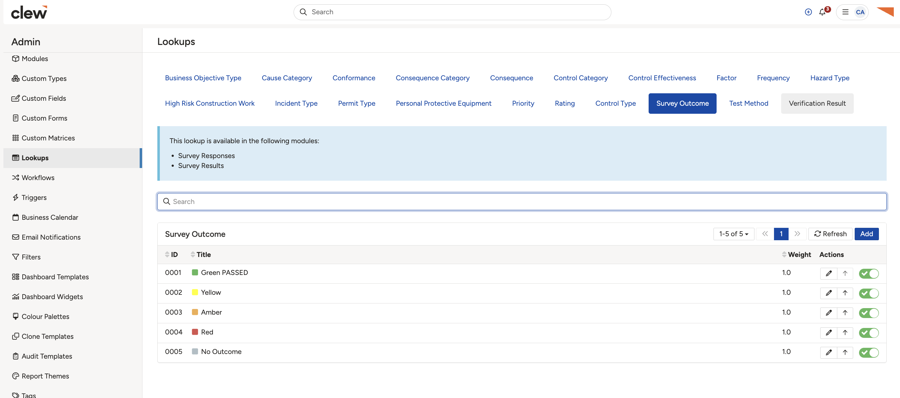 The Survey Outcomes tab under Admin > Lookups, where custom outcomes are created.