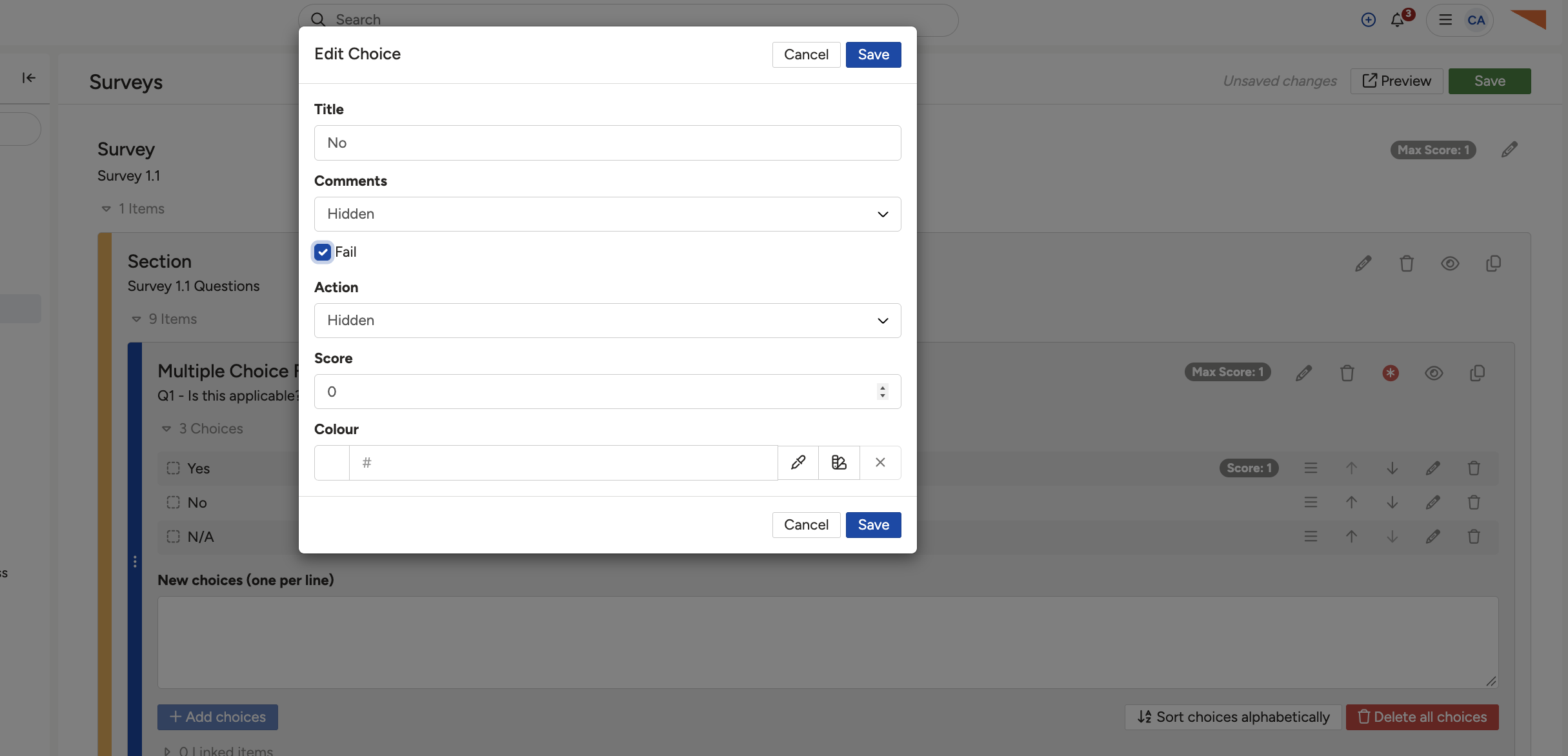 The Edit Choice dialog on a multiple choice question, showing the score field and the Fail tickbox.
