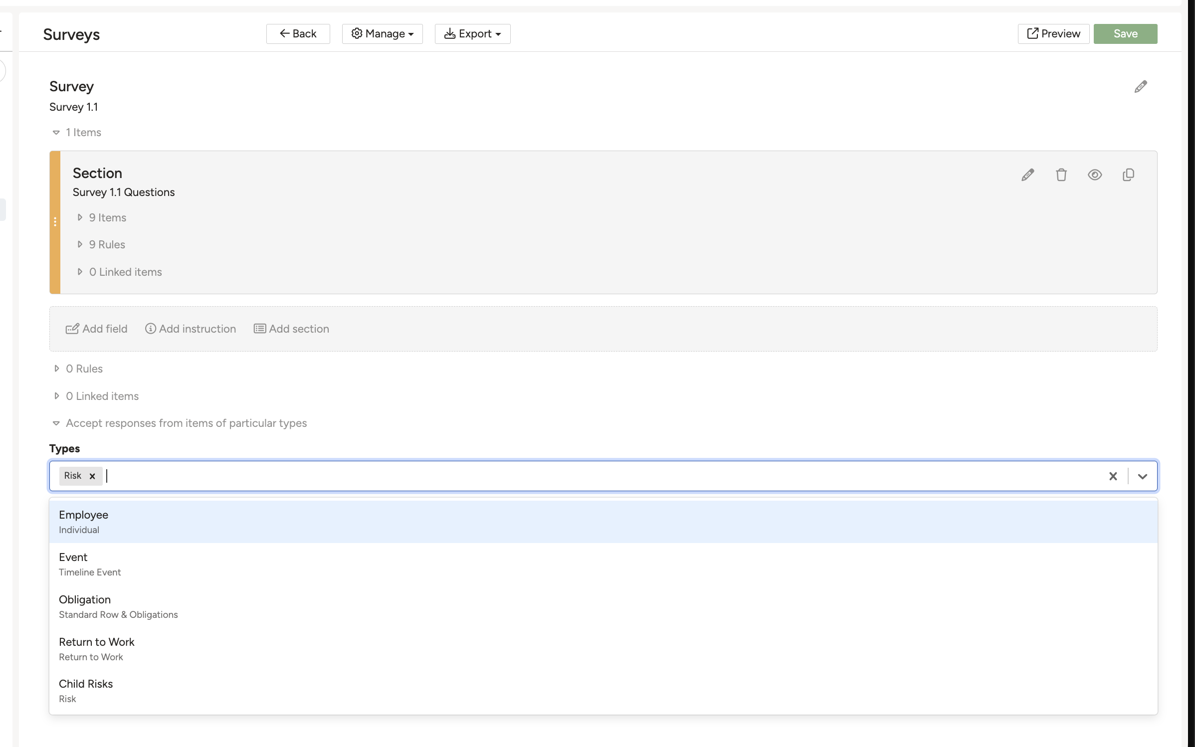 Accept Responses From Items of Particular Types, with the Risk custom type selected.