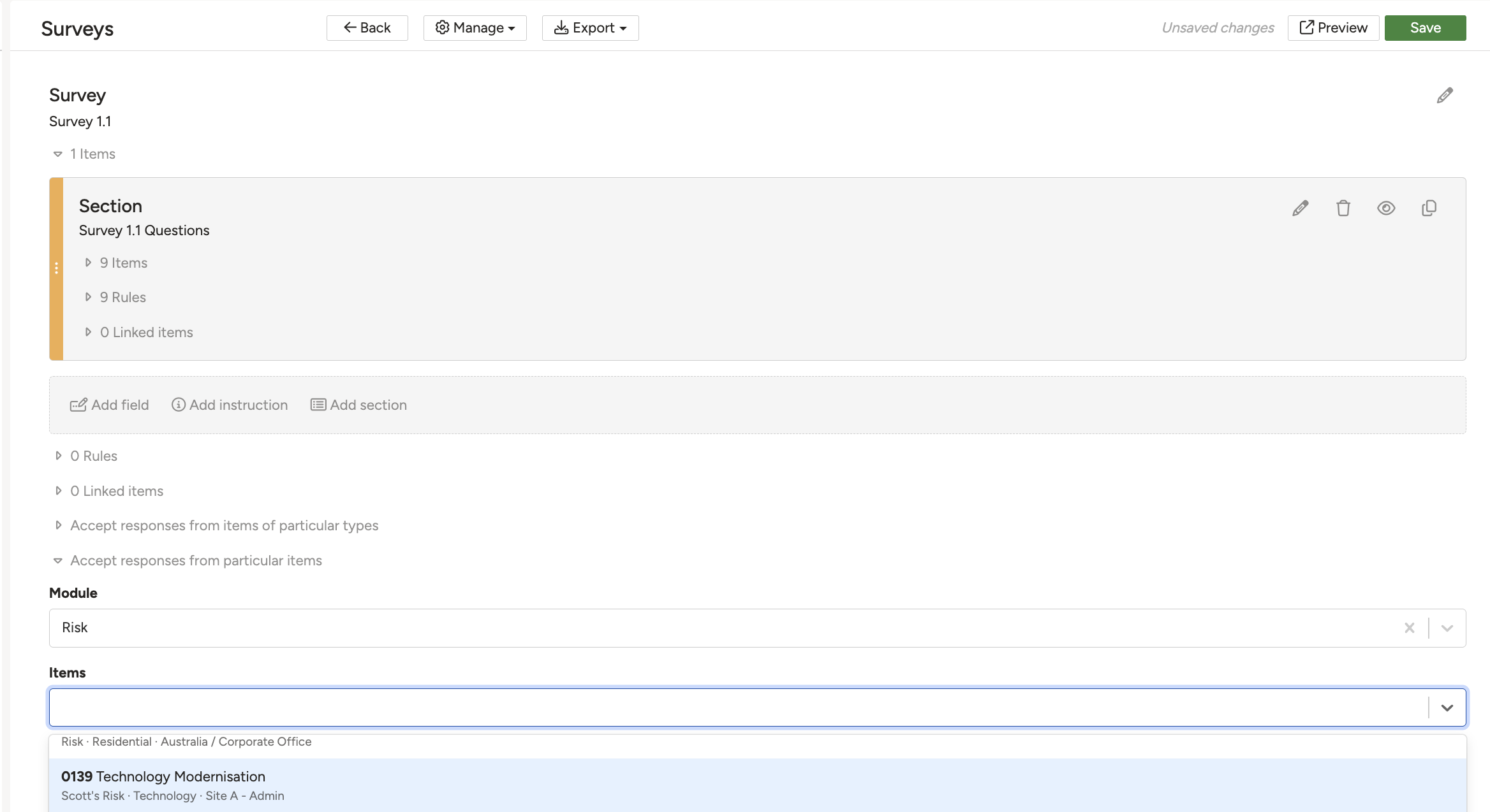 Accept Responses From Particular Items, with a Risk record selected.