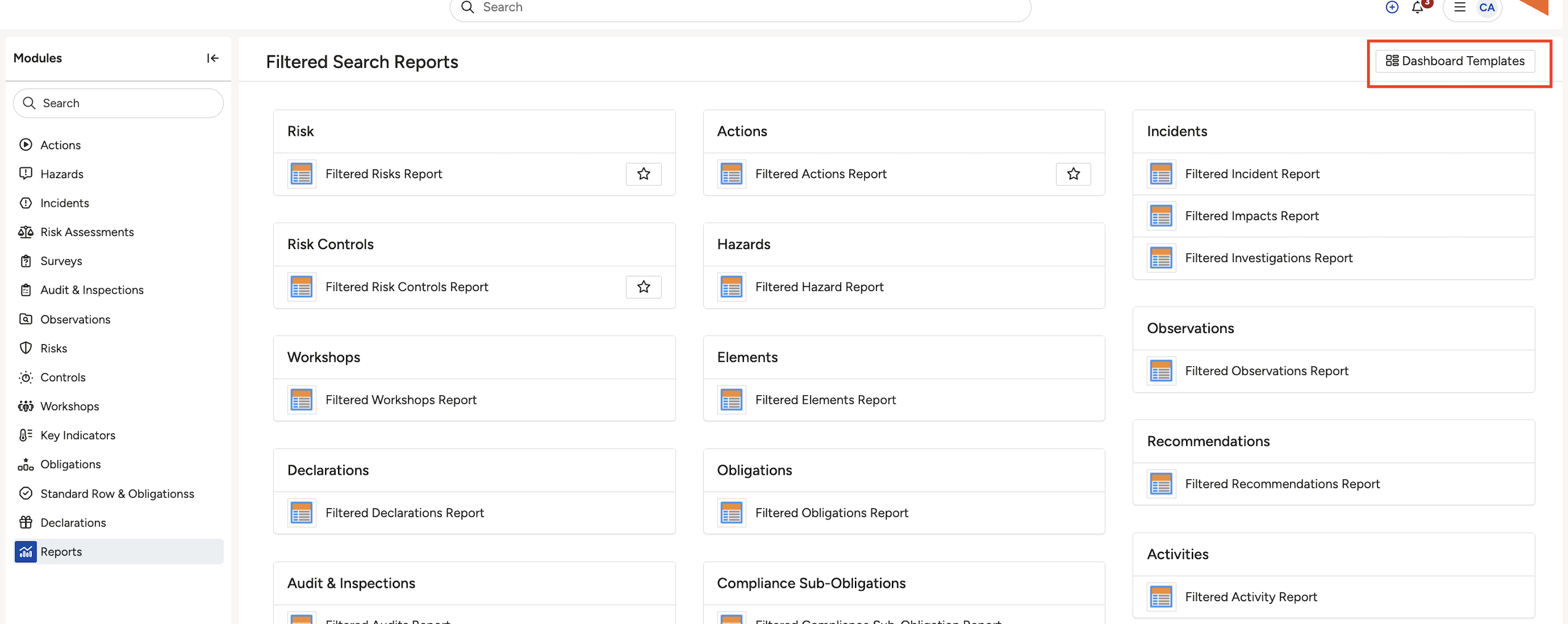 The Dashboard Templates button, which opens an overview of all templates.