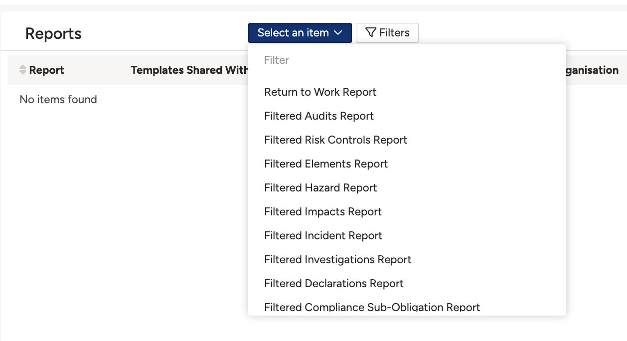 Selecting a reports section to view its templates.
