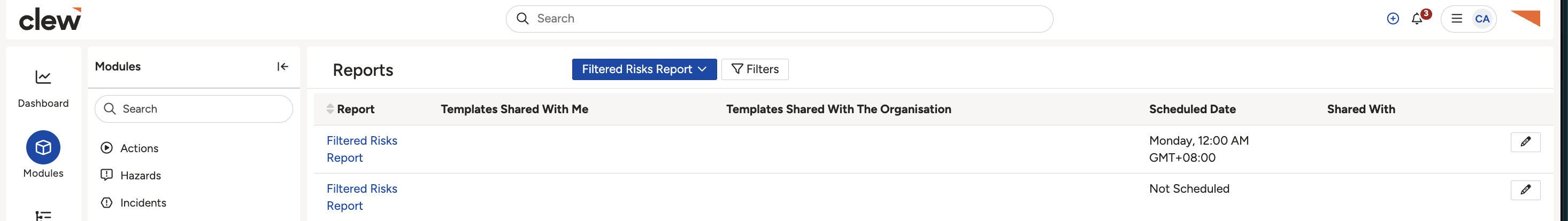 The saved templates for a module, with details such as who shared it and the scheduled date.