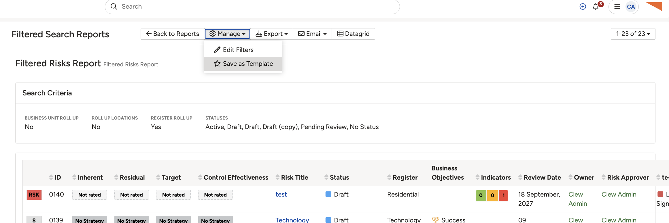 The report options after running a report: Email Report, Export, and Manage.
