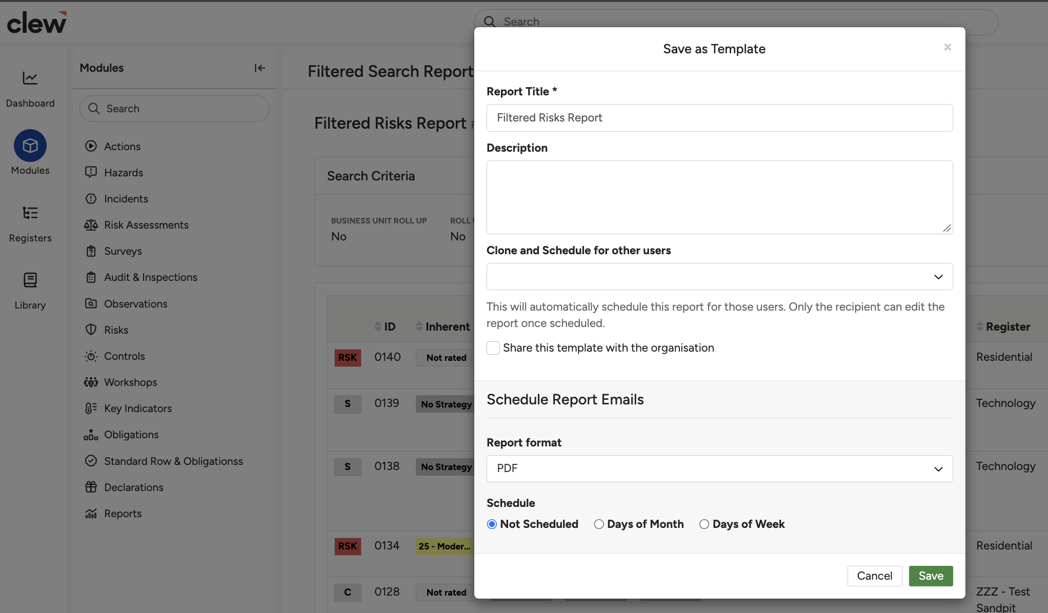 Saving a report as a template, with the scheduling and sharing options a system administrator sees.