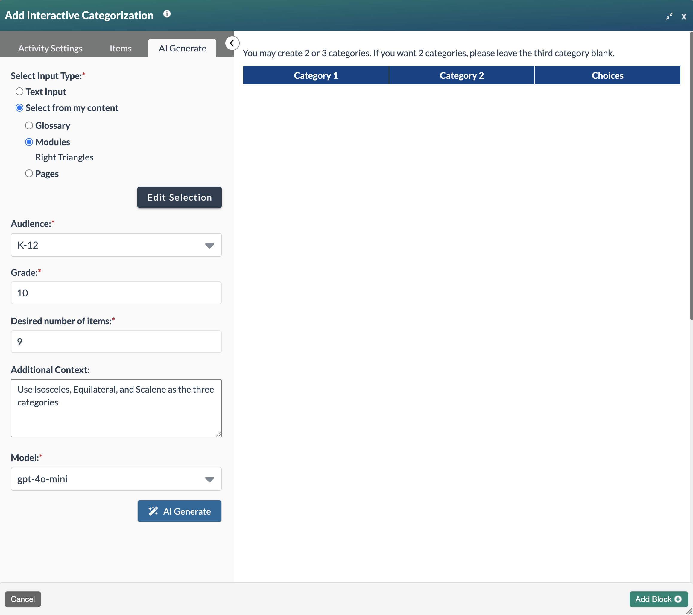 interactive categorization form showing select from my content and modules - right triangles selected