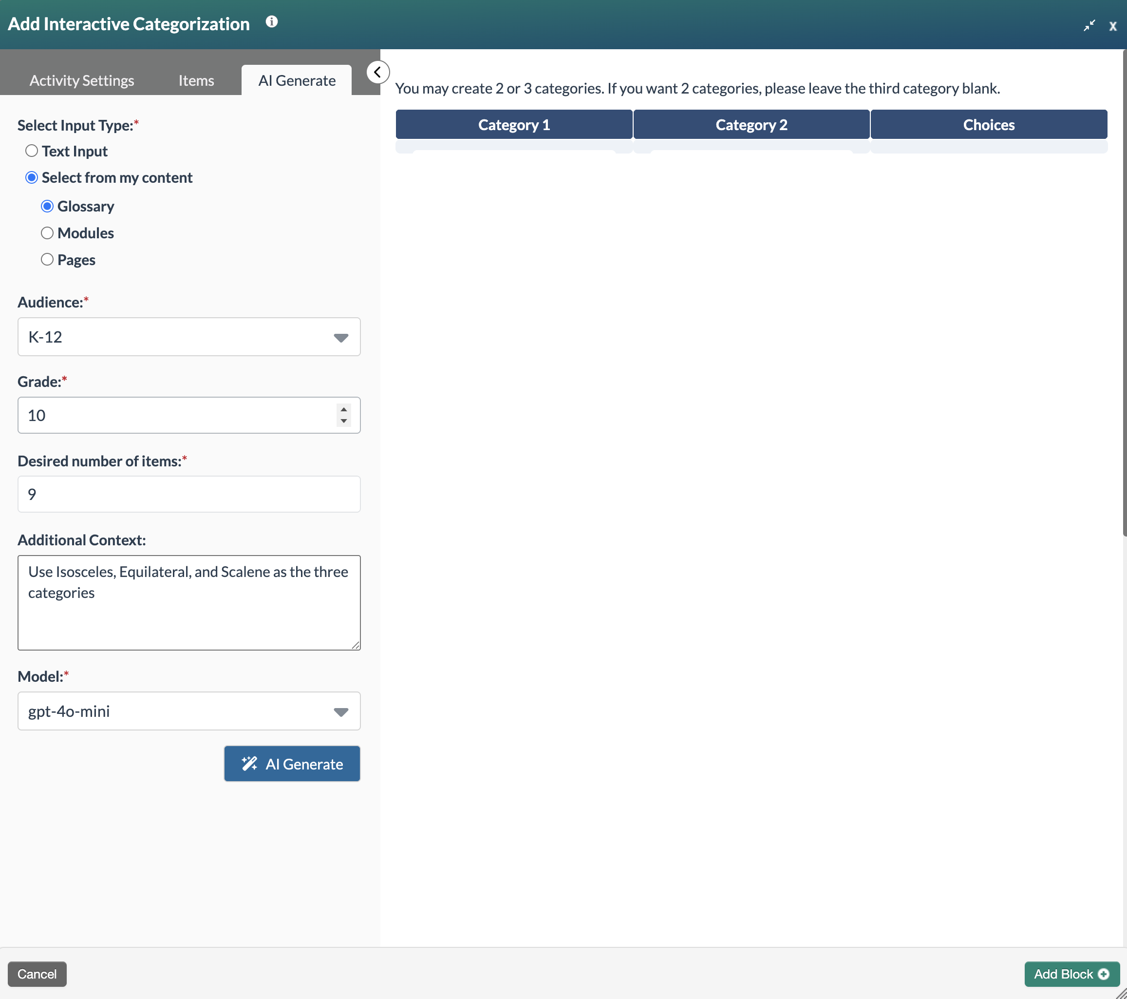 blank interactive categorization form showing select from my content and glossary checked