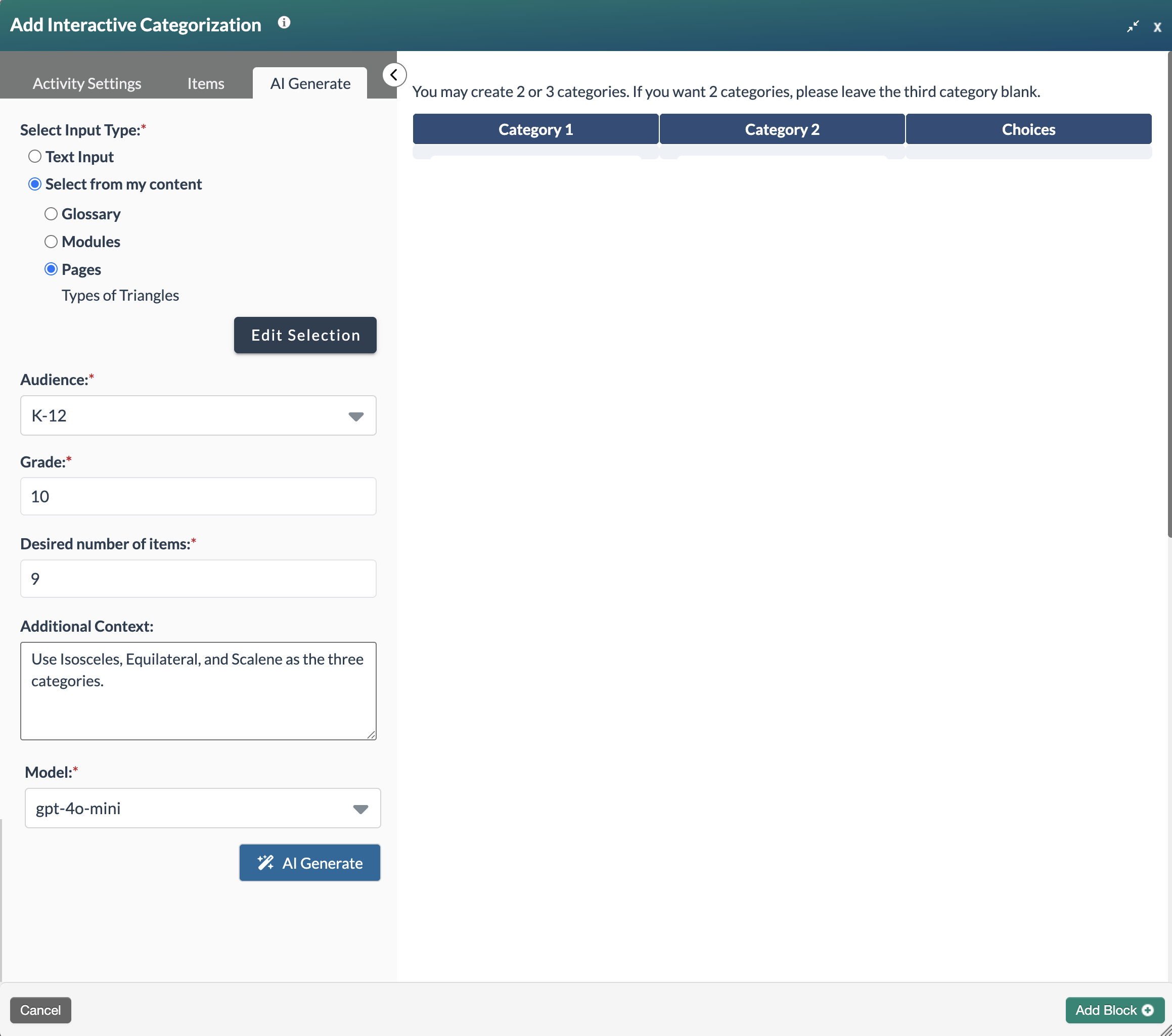 interactive categorization form showing select from my content and pages selected