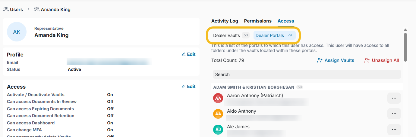 The Access section now includes two dedicated tabs