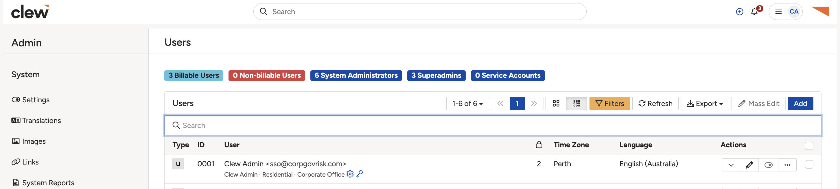 The Users List View, the central screen for adding, updating, filtering, mass-editing, and exporting users.