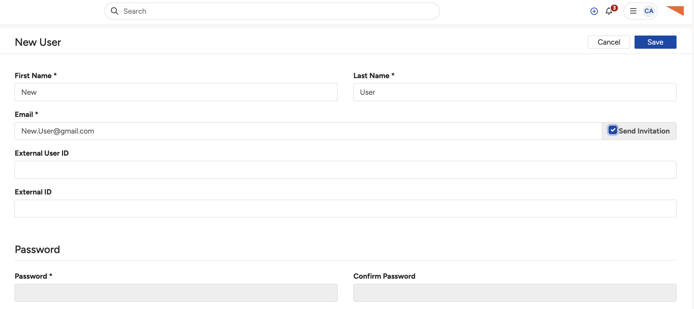 The Add User form showing default project and location, security groups, time zone, language, and user clearance.