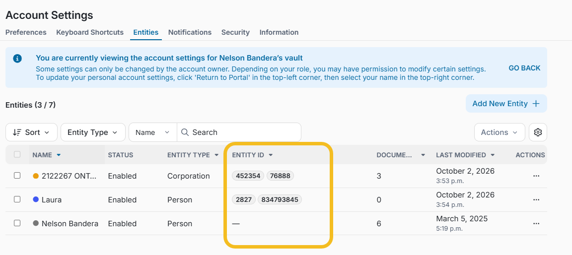 Entity IDs are also available directly from the Entities Settings page through a new sortable column, making it easier for authorized users to review and manage entity information.