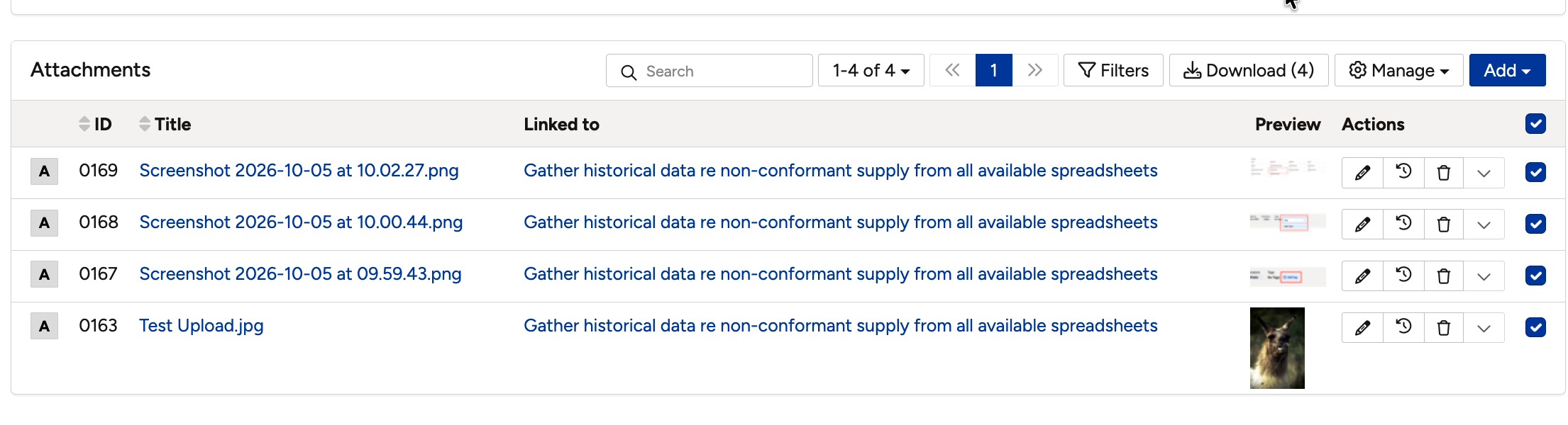 The Attachments section on a record with all attachments selected, showing the Download, Manage, and Add controls.