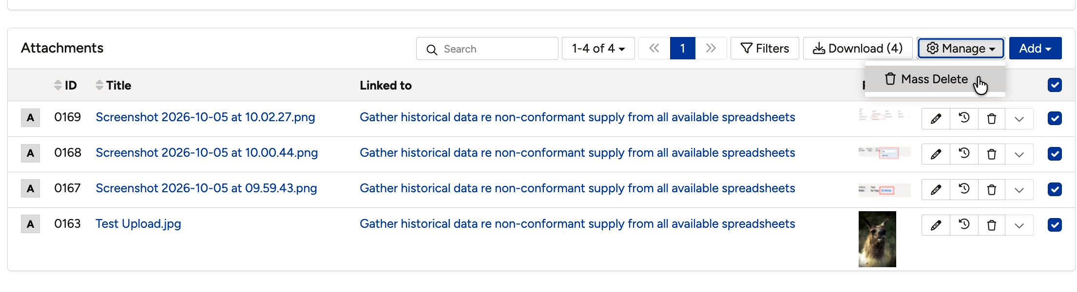 The Manage menu open on the Attachments section, showing the Mass Delete option.