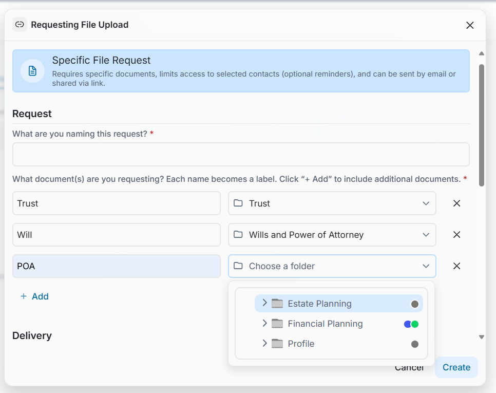 You can now request multiple documents in a single request and select a different destination folder for each document.