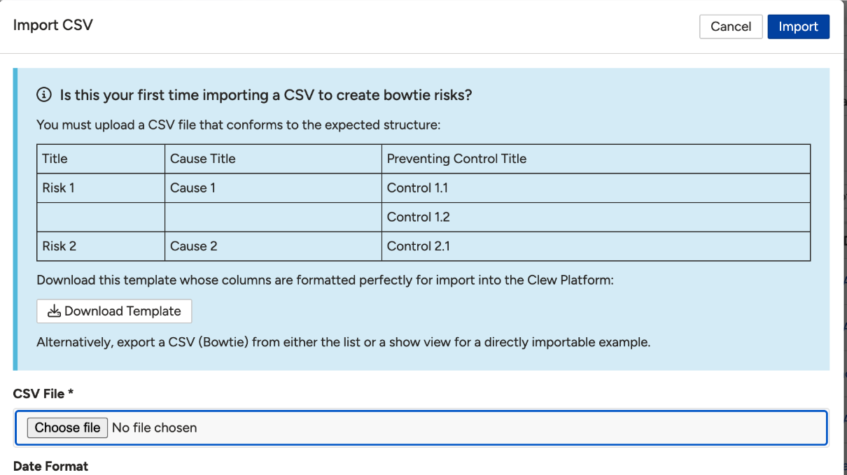 The Import CSV window on the risk module, showing the expected CSV structure with Title, Cause Title, and Preventing Control Title columns, and the Download Template option.