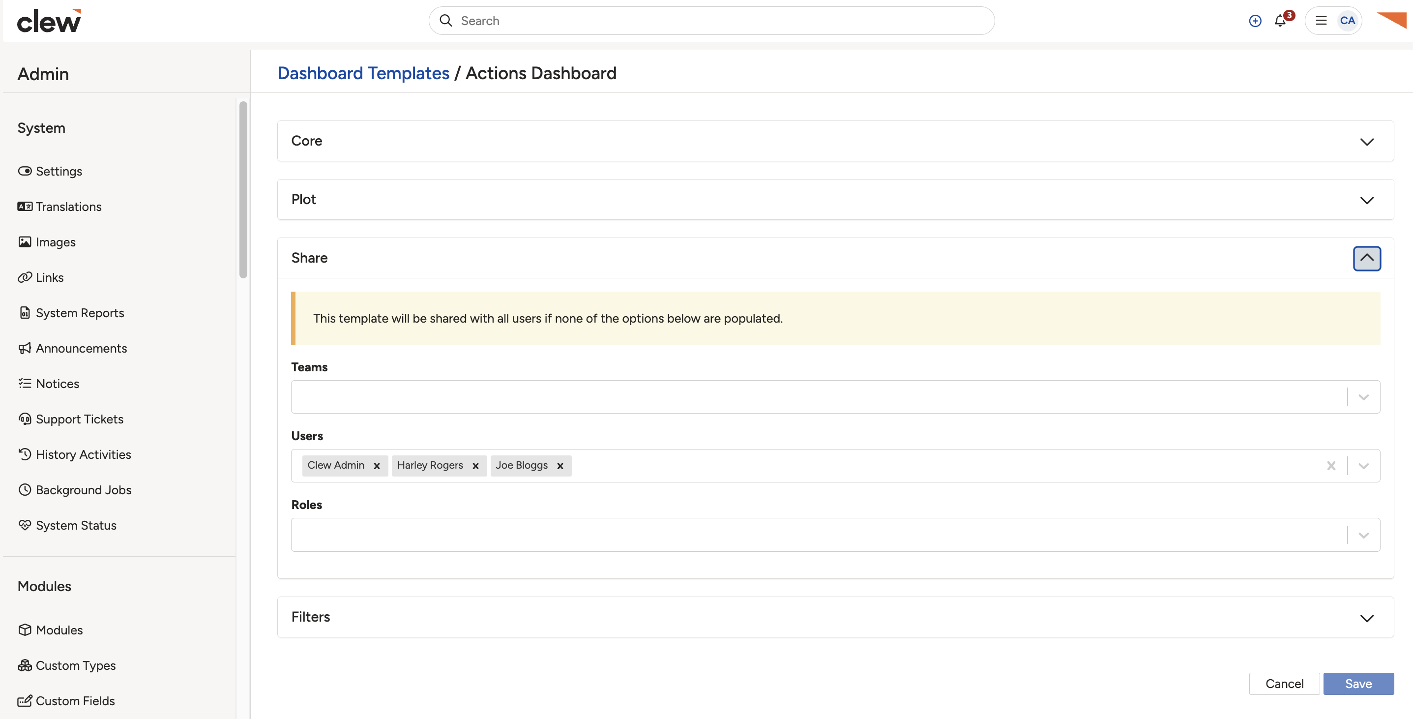 The Share sub-panel of a dashboard, with the Teams, Users, and Roles fields.