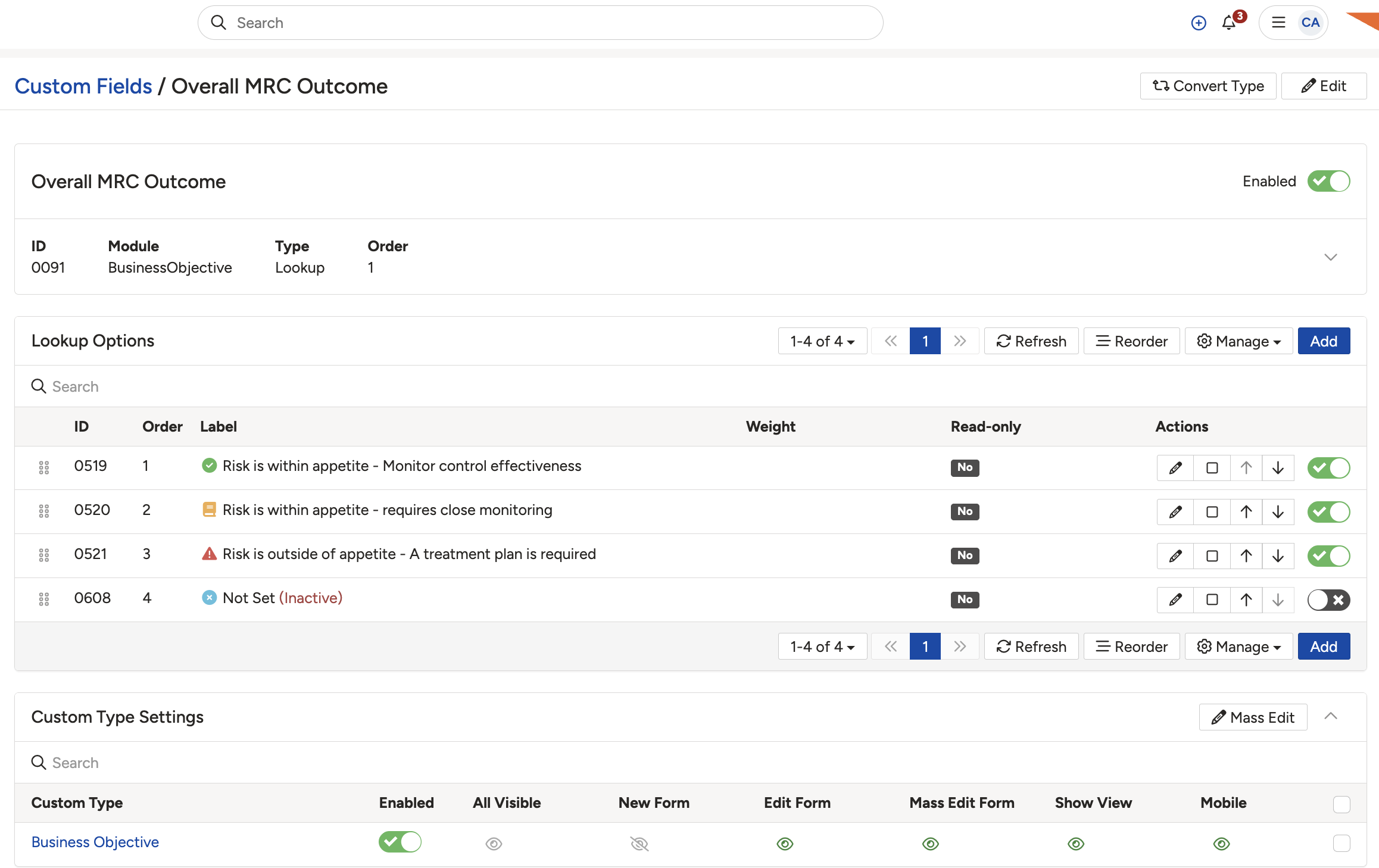 The lookup options, with a disabled option shown by a red toggle and an (Inactive) tag.