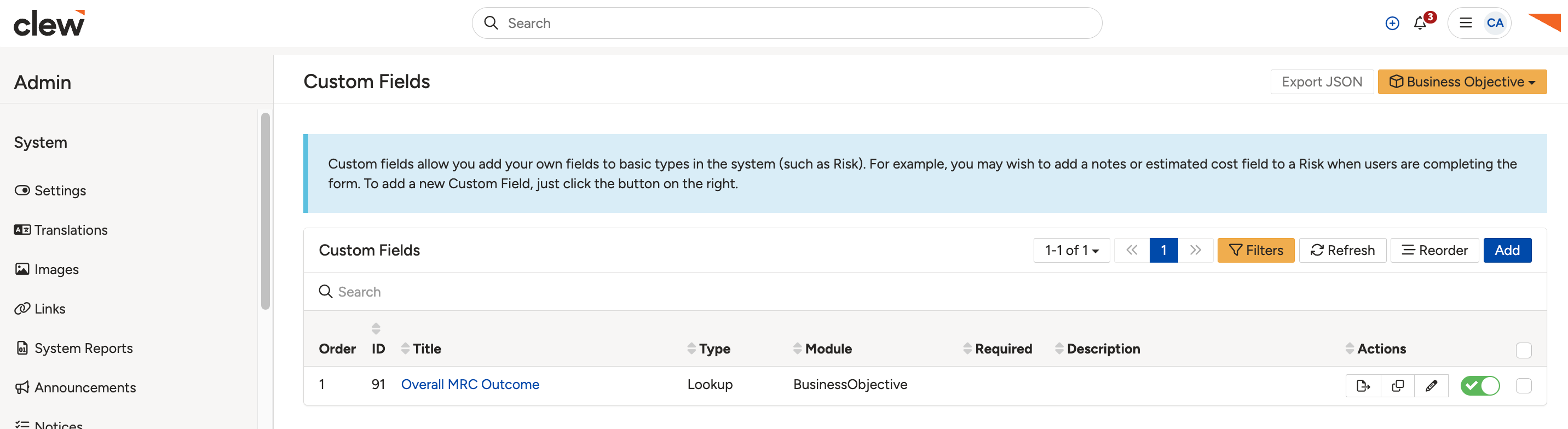 Opening the custom field configuration to add a lookup option.