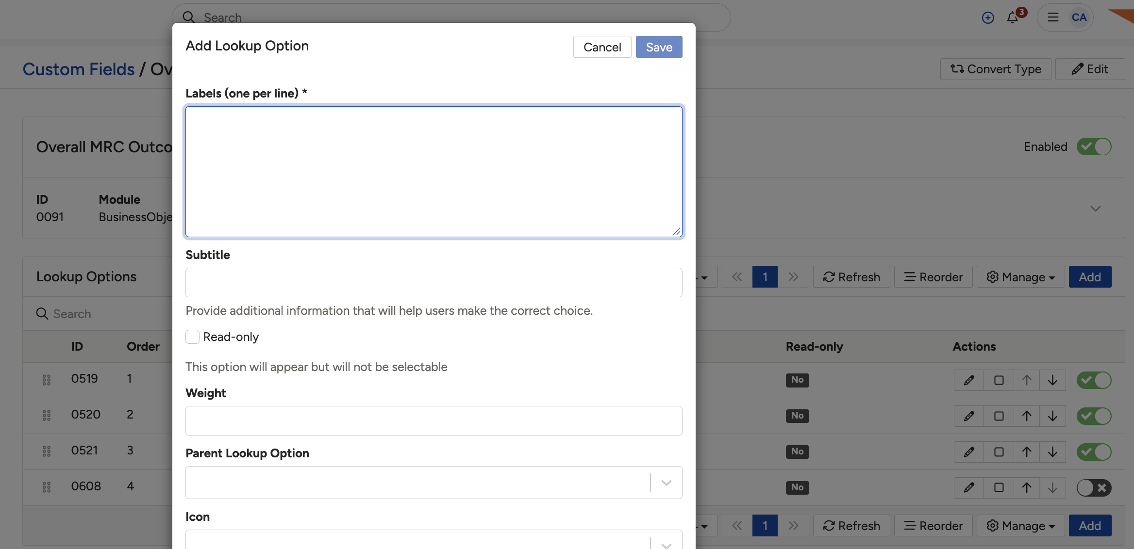 The Add button in the top-right of the Lookup Options section.