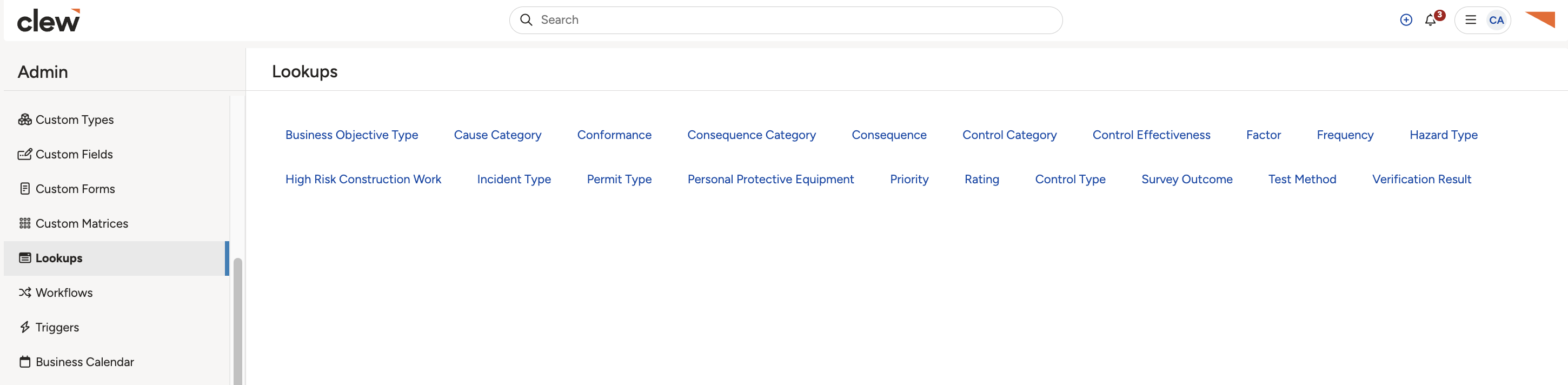 The Lookups list in Admin, where you select a system lookup to add options to.