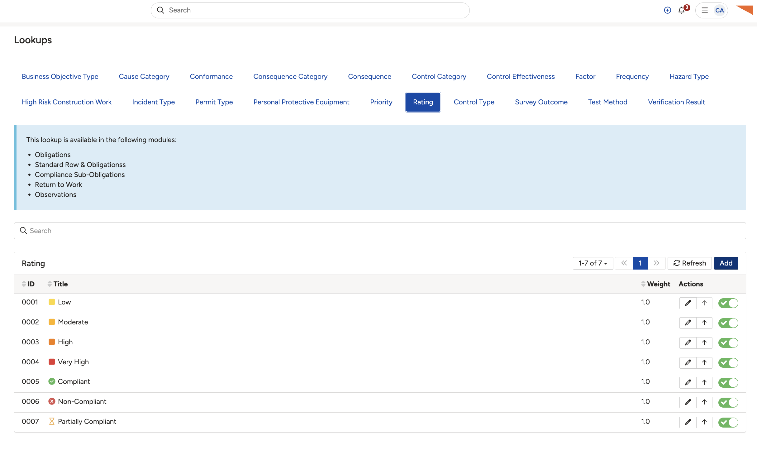 The options for a system lookup, with the Add button to add a new option.