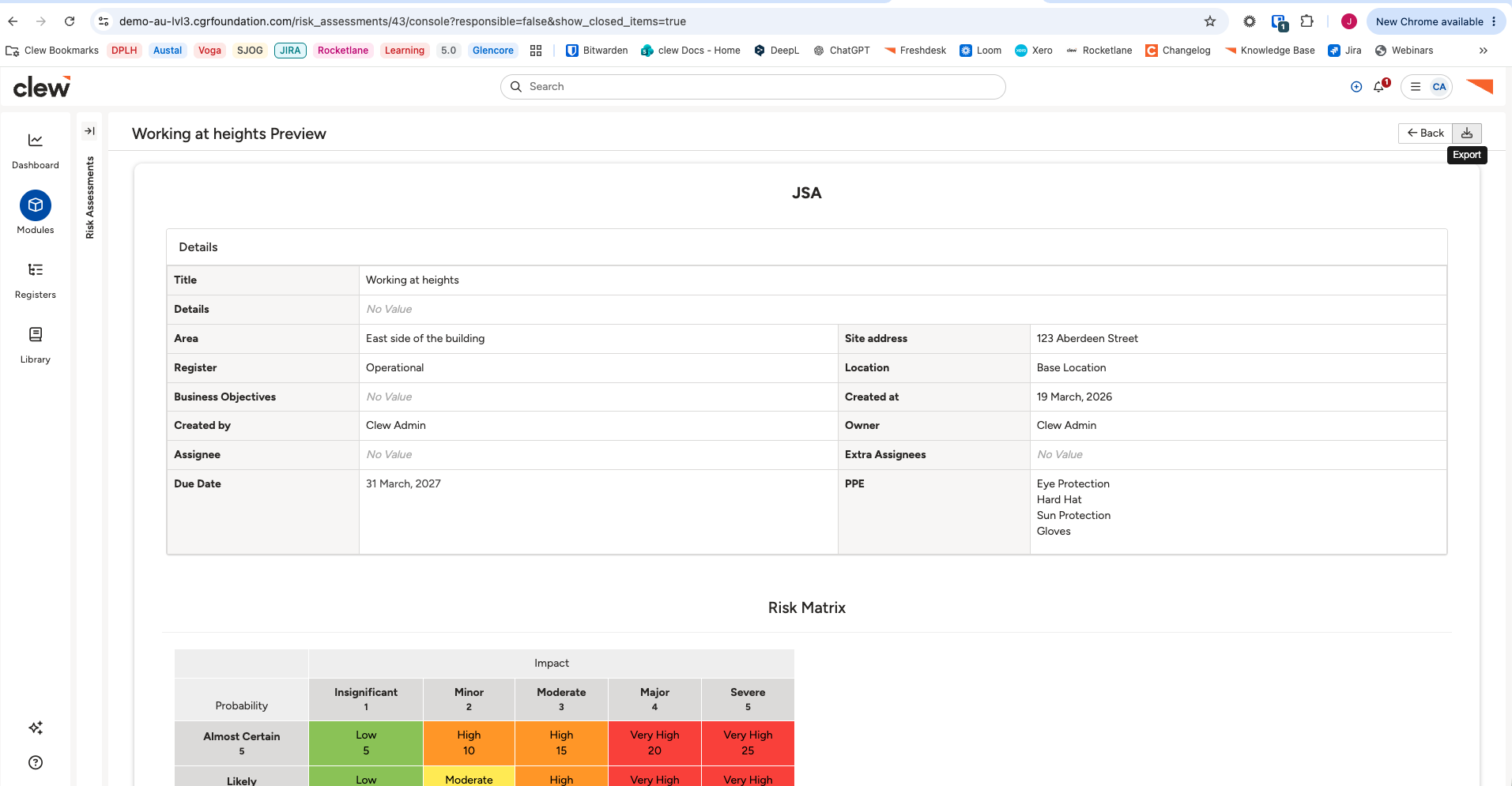 The risk assessment record toolbar, with the Insights icon highlighted.