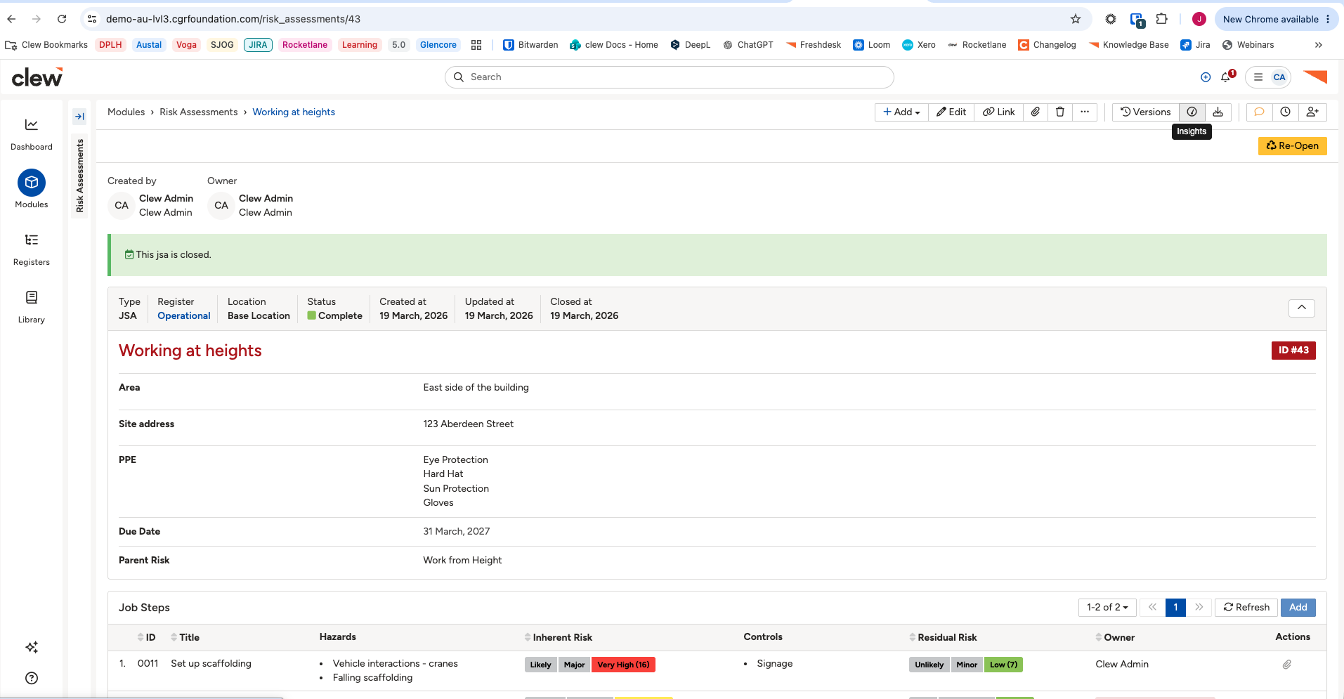 The Risk Assessment Insights page, showing the Details and Risk Matrix sections.