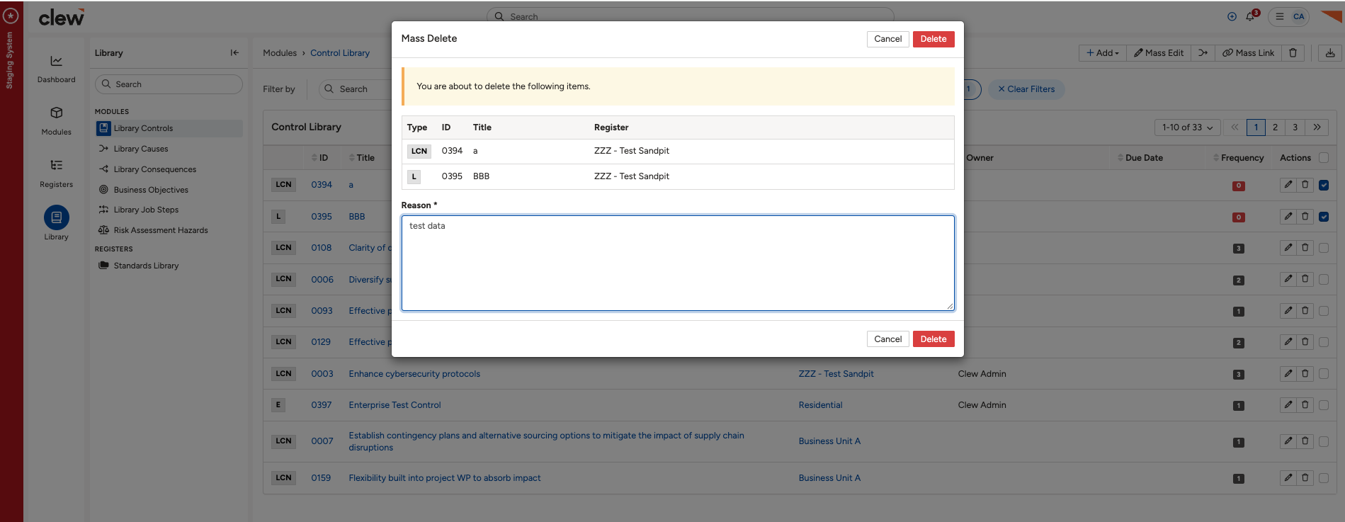 The Mass Delete confirmation window, showing the list of selected items and the required Reason field.