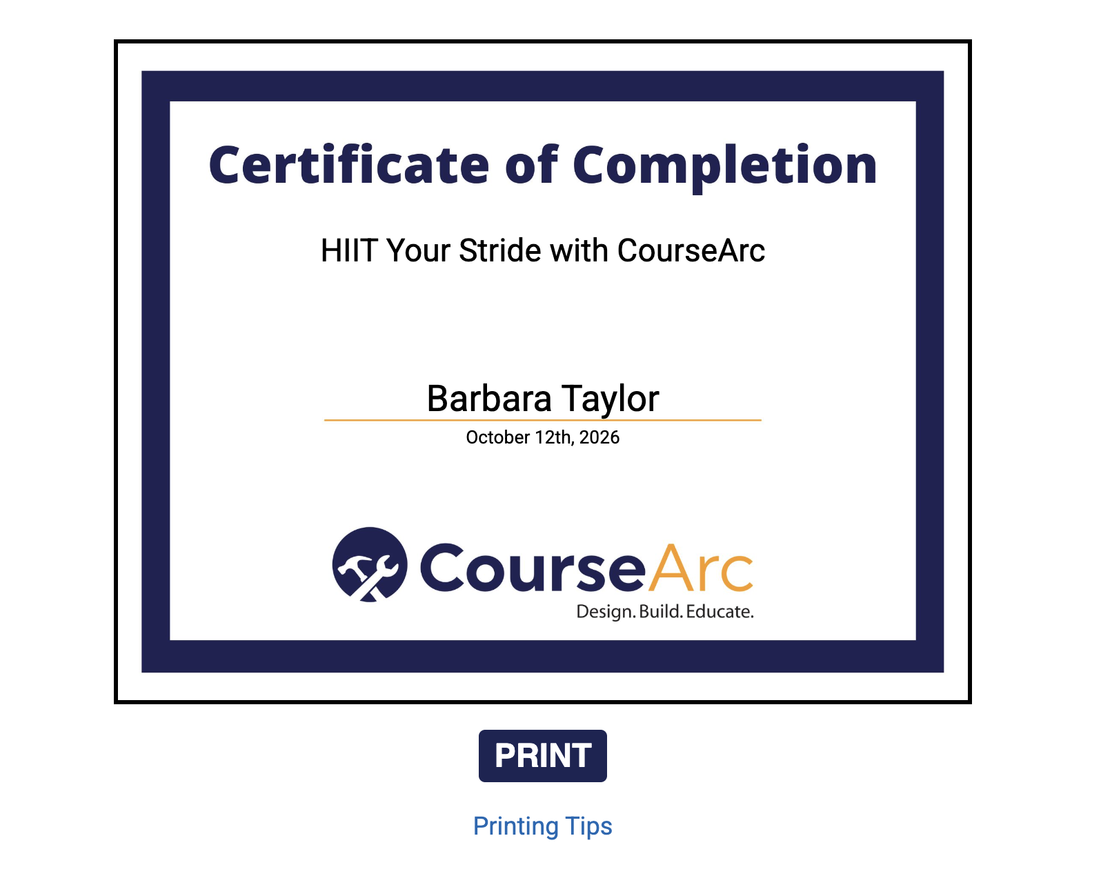 preview of a certificate for Barbara Taylor